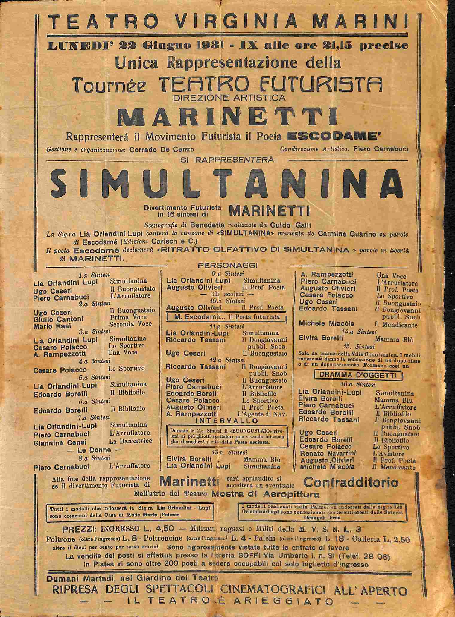 Simultanina. Unica rappresentazione della Tournee Teatro Futurista. Direzione artistica Marinetti. Teatro Virginia Marini (Alessandria). 22 giugno 1931...